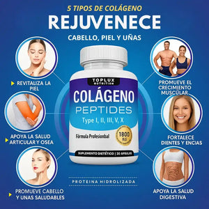 Con Collagen Peptides: Recupera tu juventud 💆‍♀️y ten una piel firme, cabello lleno de vida y huesos fuertes con 5 colágenos en 1 cápsula 💊✨