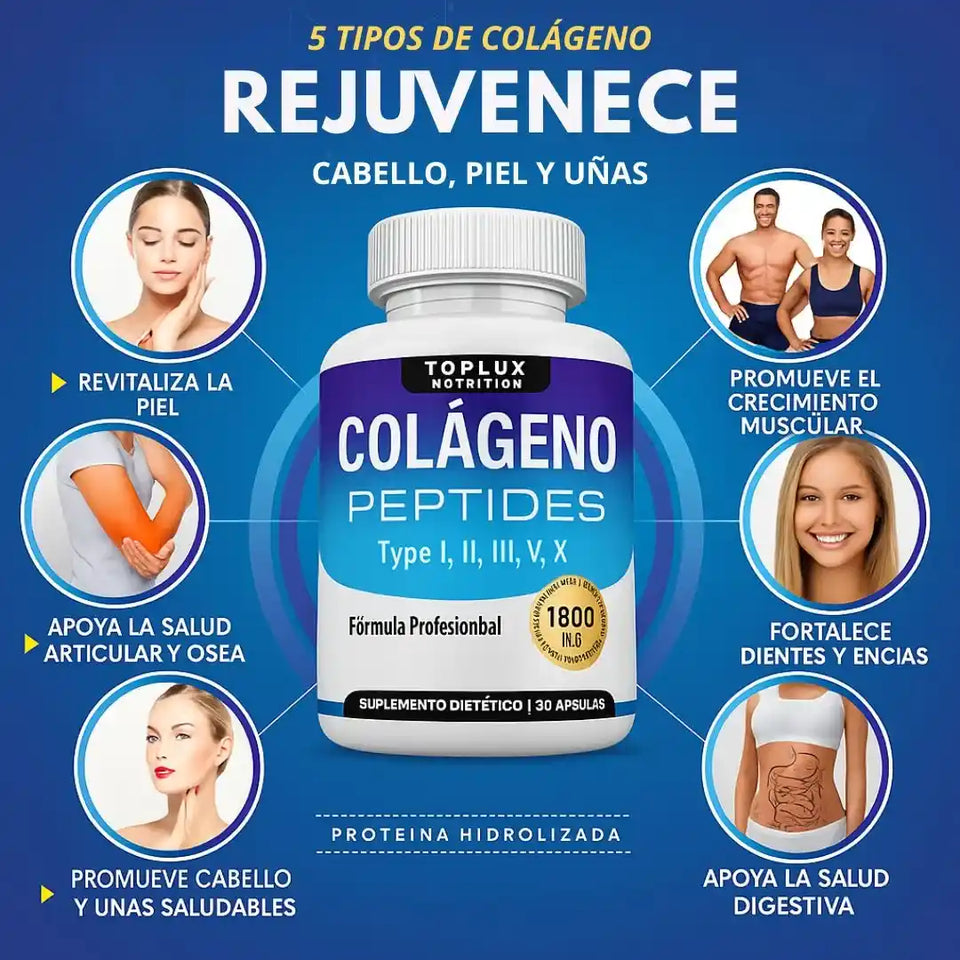 Con Collagen Peptides: Recupera tu juventud 💆‍♀️y ten una piel firme, cabello lleno de vida y huesos fuertes con 5 colágenos en 1 cápsula 💊✨