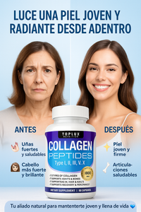 Con Collagen Peptides: Recupera tu juventud 💆‍♀️y ten una piel firme, cabello lleno de vida y huesos fuertes con 5 colágenos en 1 cápsula 💊✨