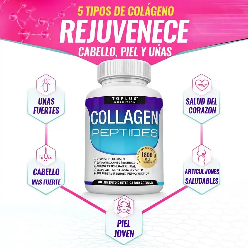 Con Collagen Peptides: Recupera tu juventud 💆‍♀️y ten una piel firme, cabello lleno de vida y huesos fuertes con 5 colágenos en 1 cápsula 💊✨