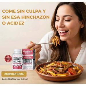 ✨ Come sin culpa 🍽️ con Digestive Enzymes – Diseñado en USA 🗽bajo la ciencia 16-Enzyme Probiotic System™ 🔬 para mejorar digestión y absorción 💪.