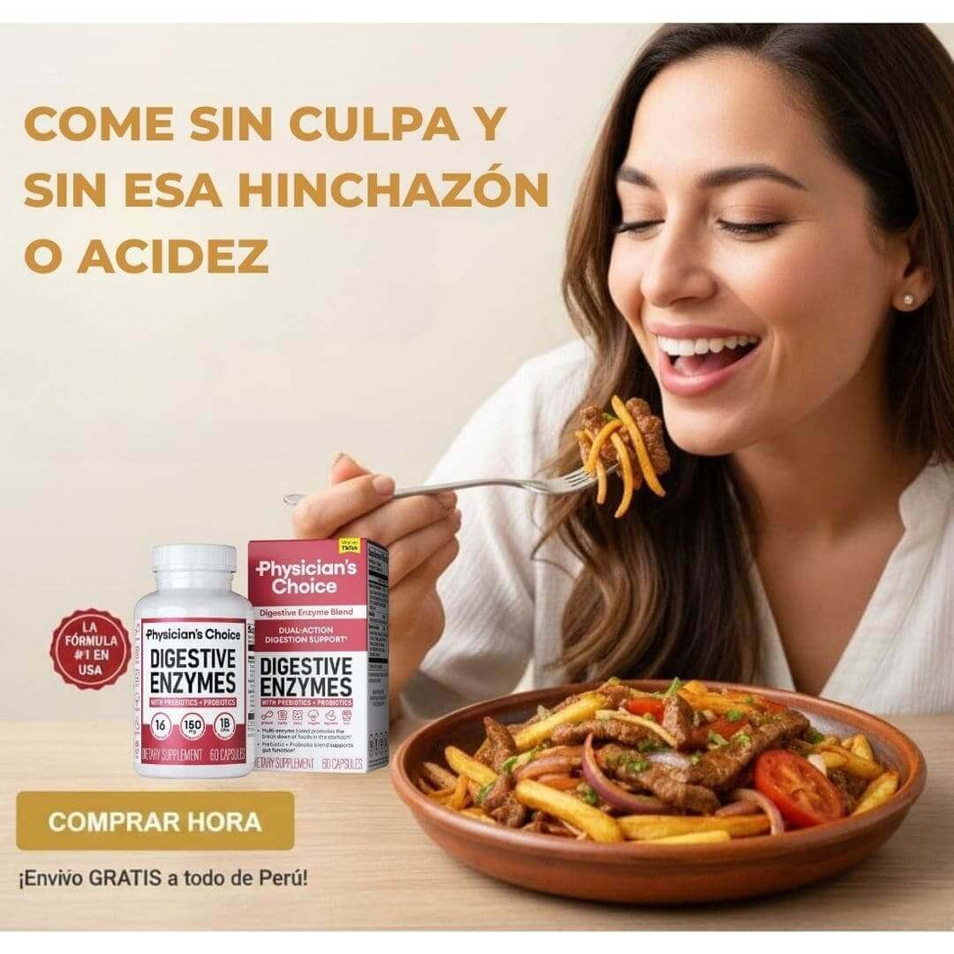 ✨ Come sin culpa 🍽️ con Digestive Enzymes – Diseñado en USA 🗽bajo la ciencia 16-Enzyme Probiotic System™ 🔬 para mejorar digestión y absorción 💪.