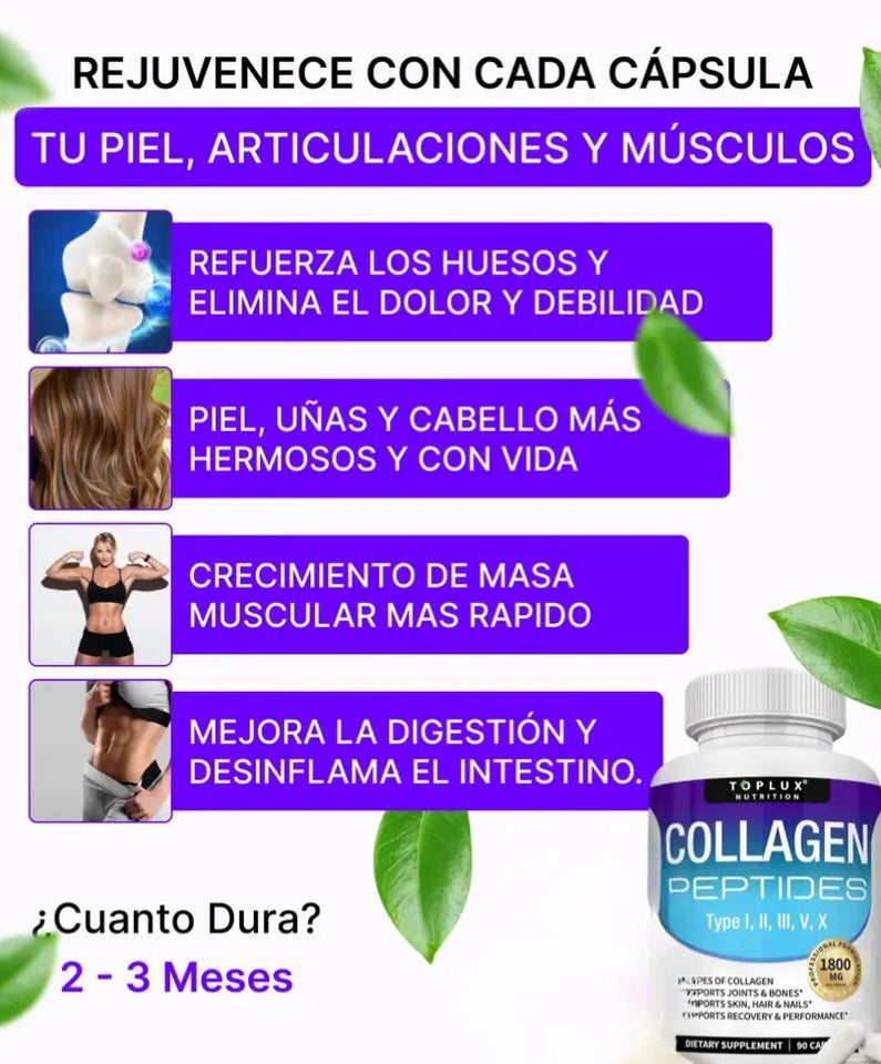 Con Collagen Peptides: Recupera tu juventud 💆‍♀️y ten una piel firme, cabello lleno de vida y huesos fuertes con 5 colágenos en 1 cápsula 💊✨