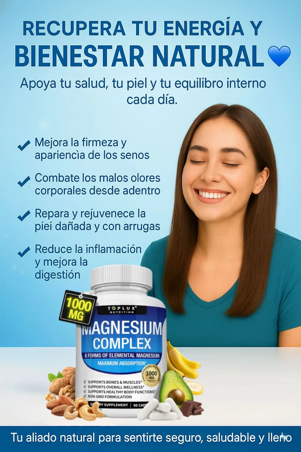 Magnesio Complex Importado de USA: dile adiós a la barriga hinchada, 😩cansancio, 🤯 dolores de cabeza y senos caídos con solo 2 cápsulas al día ☀️