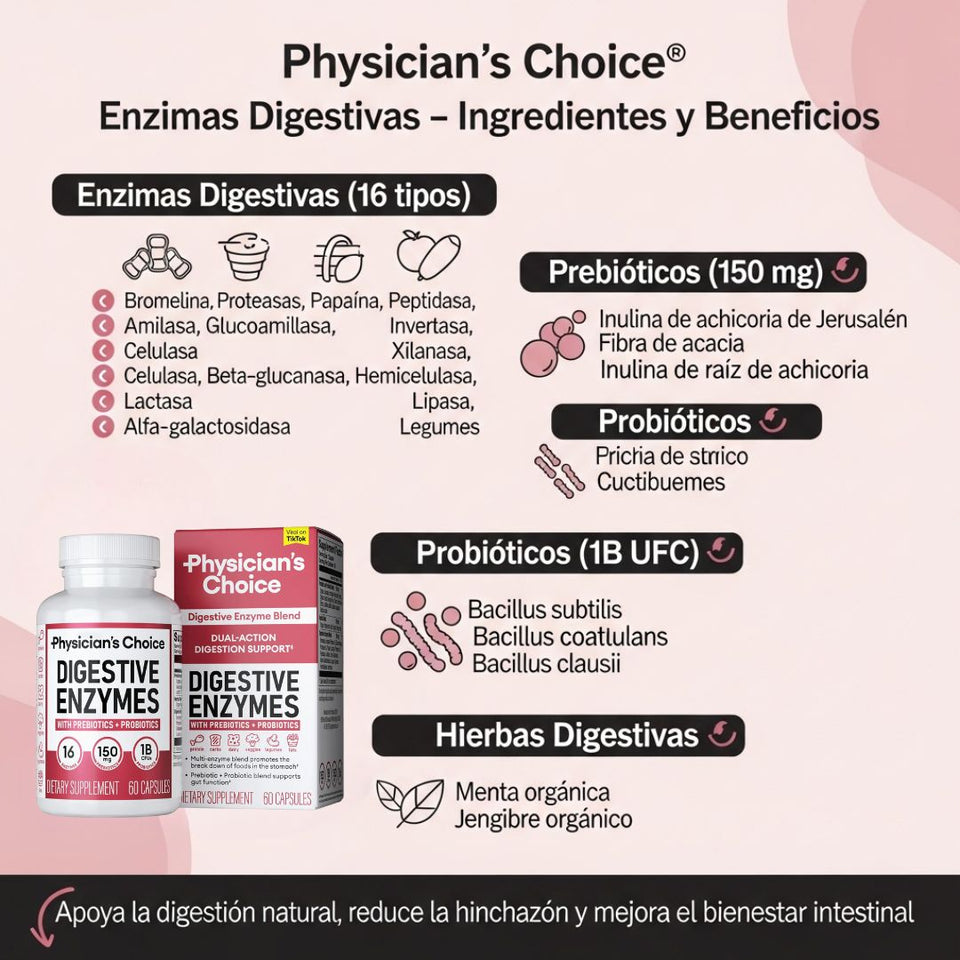 ✨ Come sin culpa 🍽️ con Digestive Enzymes – Diseñado en USA 🗽bajo la ciencia 16-Enzyme Probiotic System™ 🔬 para mejorar digestión y absorción 💪.