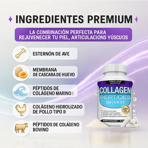 Con Collagen Peptides: Recupera tu juventud 💆‍♀️y ten una piel firme, cabello lleno de vida y huesos fuertes con 5 colágenos en 1 cápsula 💊✨