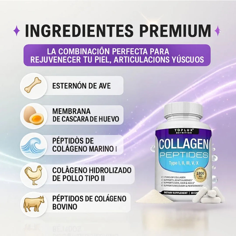 Con Collagen Peptides: Recupera tu juventud 💆‍♀️y ten una piel firme, cabello lleno de vida y huesos fuertes con 5 colágenos en 1 cápsula 💊✨