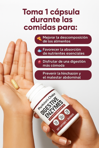 ✨ Come sin culpa 🍽️ con Digestive Enzymes – Diseñado en USA 🗽bajo la ciencia 16-Enzyme Probiotic System™ 🔬 para mejorar digestión y absorción 💪.