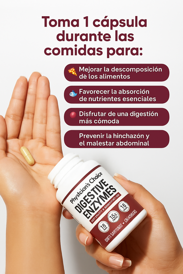 ✨ Come sin culpa 🍽️ con Digestive Enzymes – Diseñado en USA 🗽bajo la ciencia 16-Enzyme Probiotic System™ 🔬 para mejorar digestión y absorción 💪.