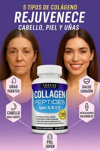 Con Collagen Peptides: Recupera tu juventud 💆‍♀️y ten una piel firme, cabello lleno de vida y huesos fuertes con 5 colágenos en 1 cápsula 💊✨