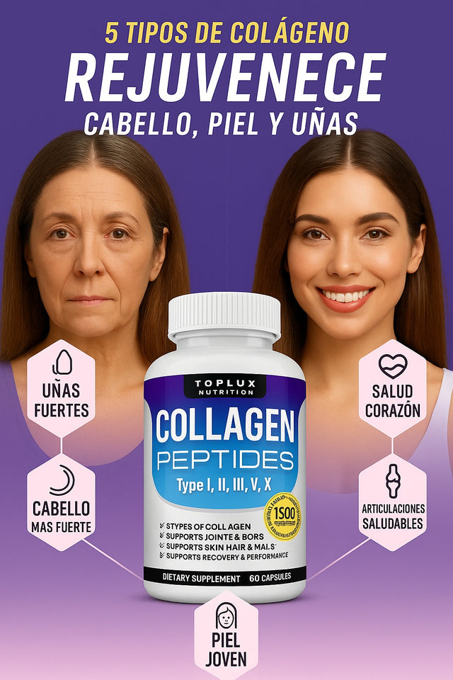 Con Collagen Peptides: Recupera tu juventud 💆‍♀️y ten una piel firme, cabello lleno de vida y huesos fuertes con 5 colágenos en 1 cápsula 💊✨