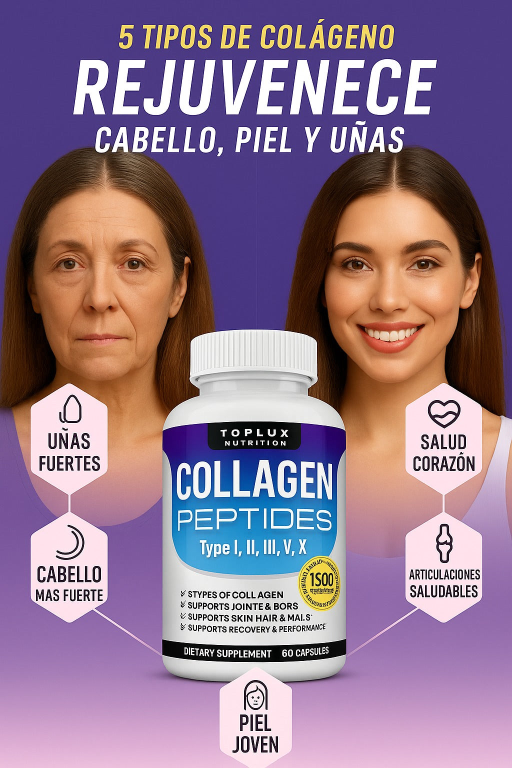 Con Collagen Peptides: Recupera tu juventud 💆‍♀️y ten una piel firme, cabello lleno de vida y huesos fuertes con 5 colágenos en 1 cápsula 💊✨